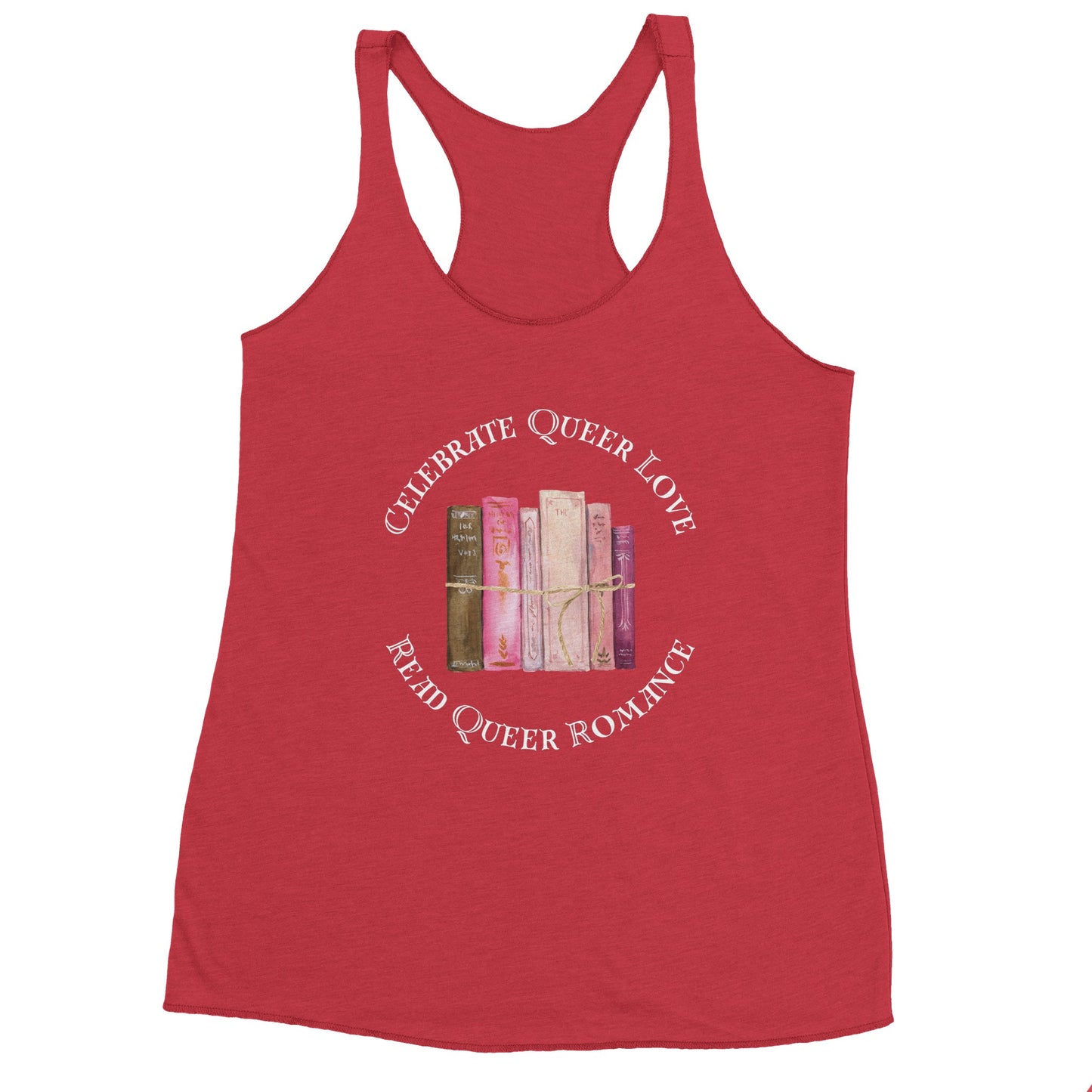 Red women’s tank top read queer romance text in front of disco balls. 