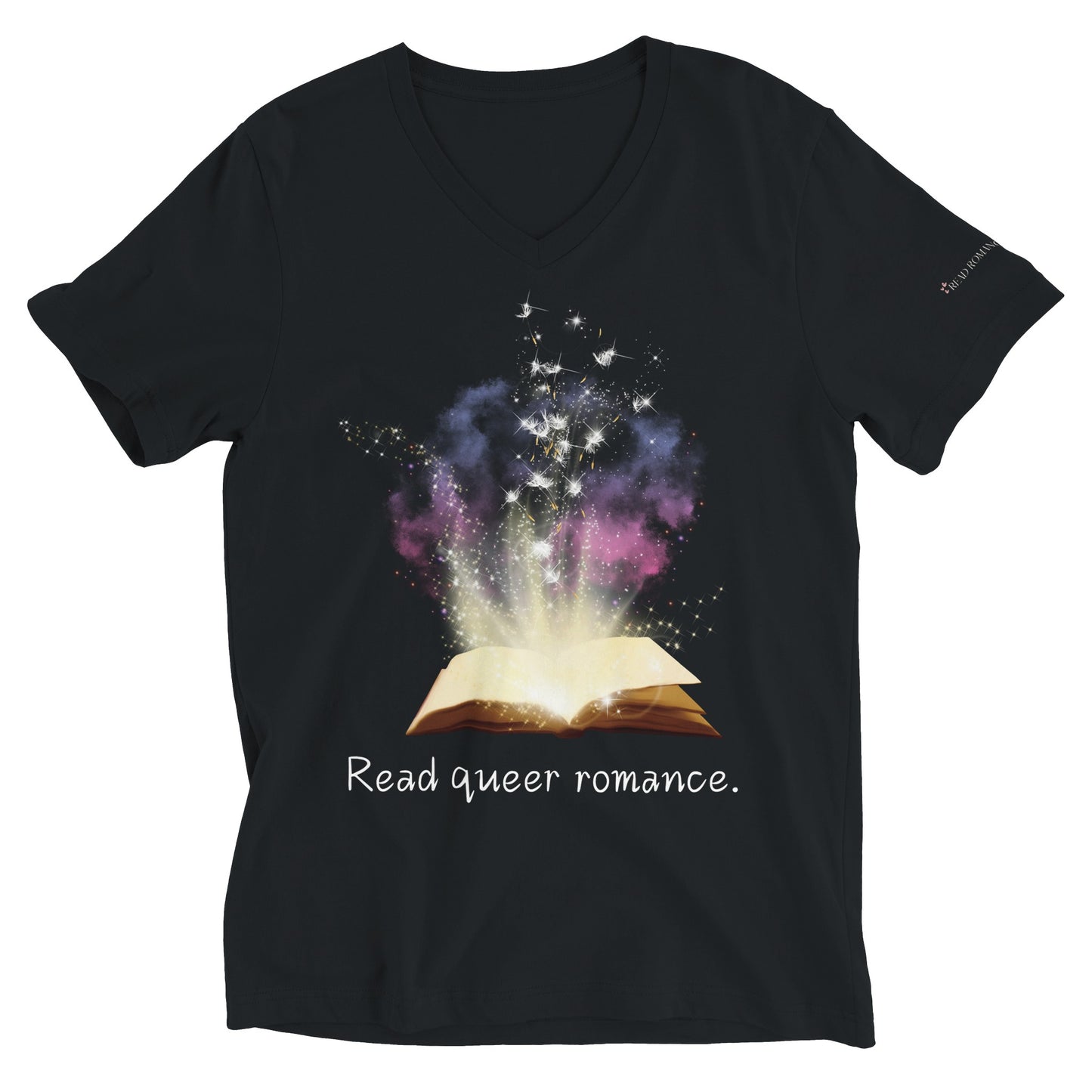 Black v-neck tshirt with open book magic smoke and text reading “read queer romance”