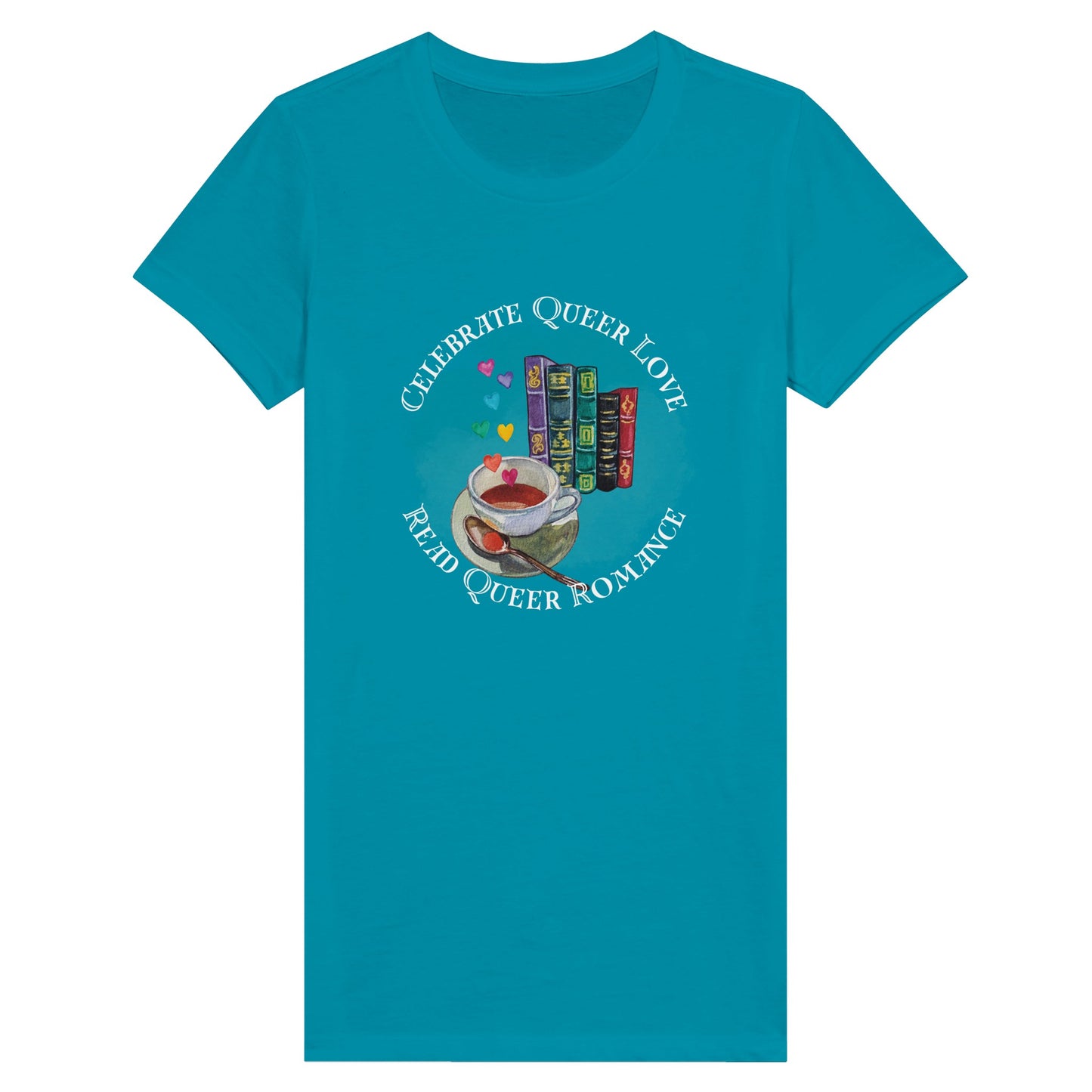 Teal T-shirt reads “celebrate queer love read queer romance” with image of tea and books. 