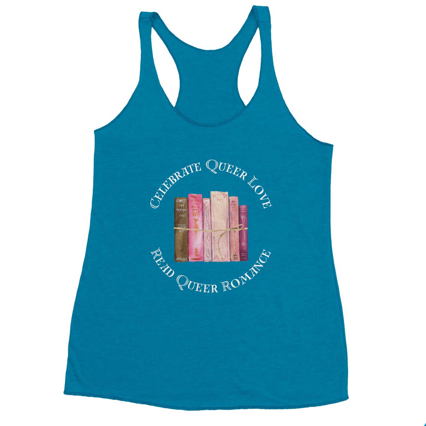 Blue celebrate queer love tank top read queer romance text in front of disco balls. 