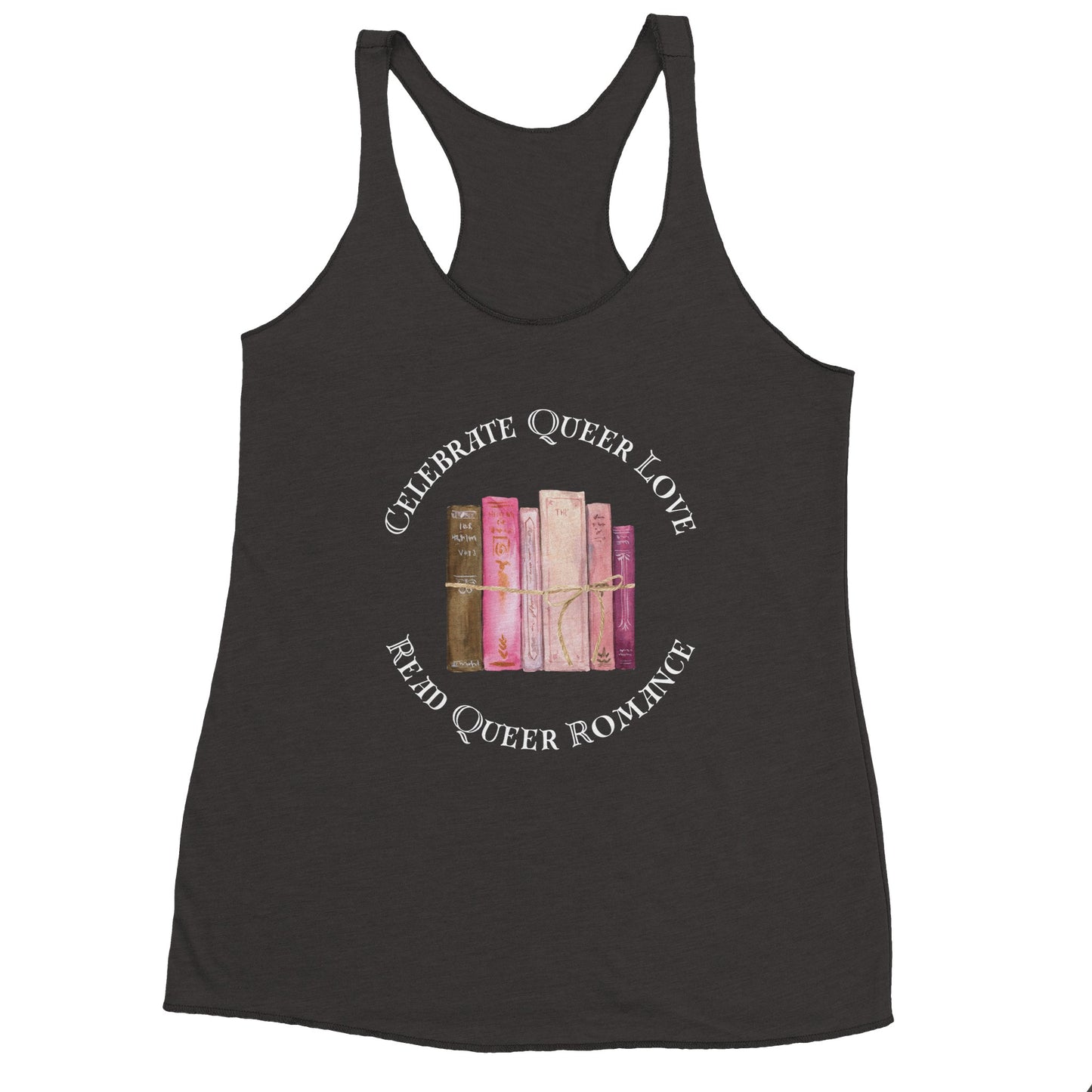 Black  tank top womens cut read queer romance text in front of disco balls. 