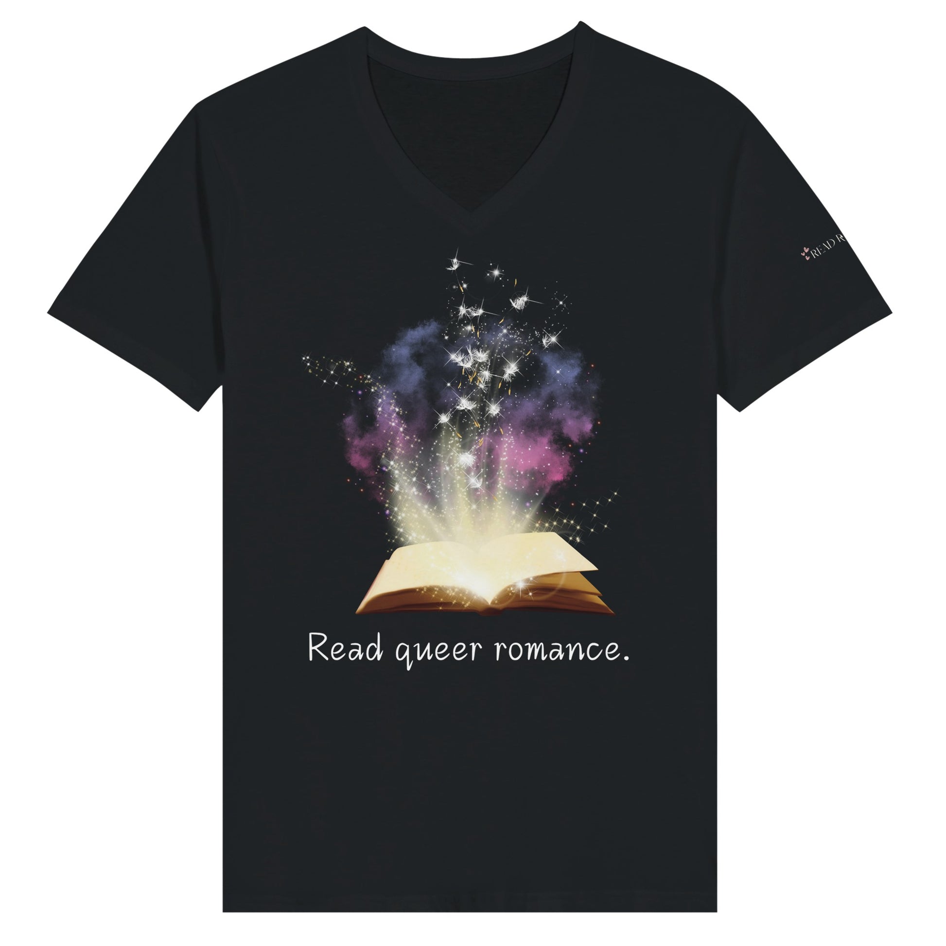  Black v-neck tshirt with open book magic smoke and text reading “read queer romance”