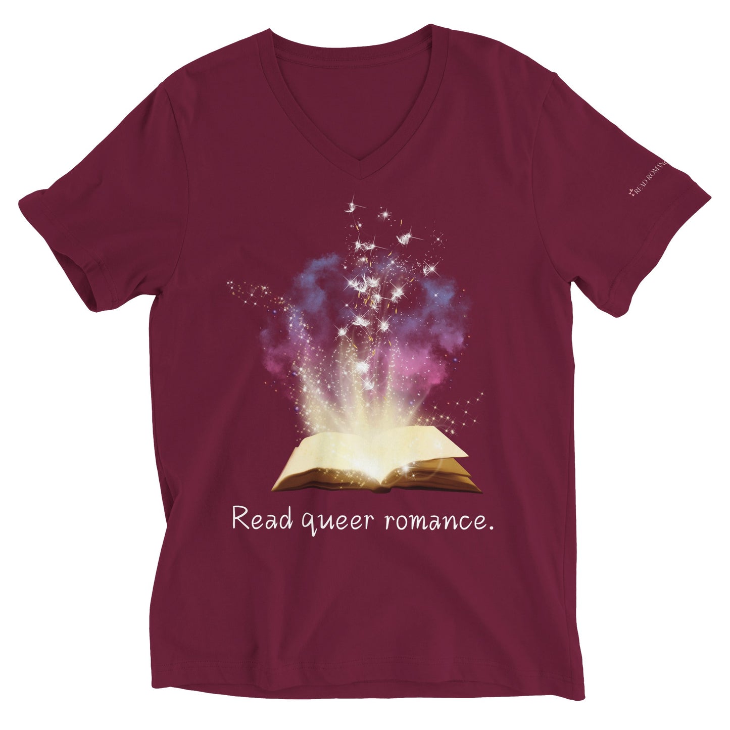 Red v-neck tshirt with open book magic smoke and text reading “read queer romance”