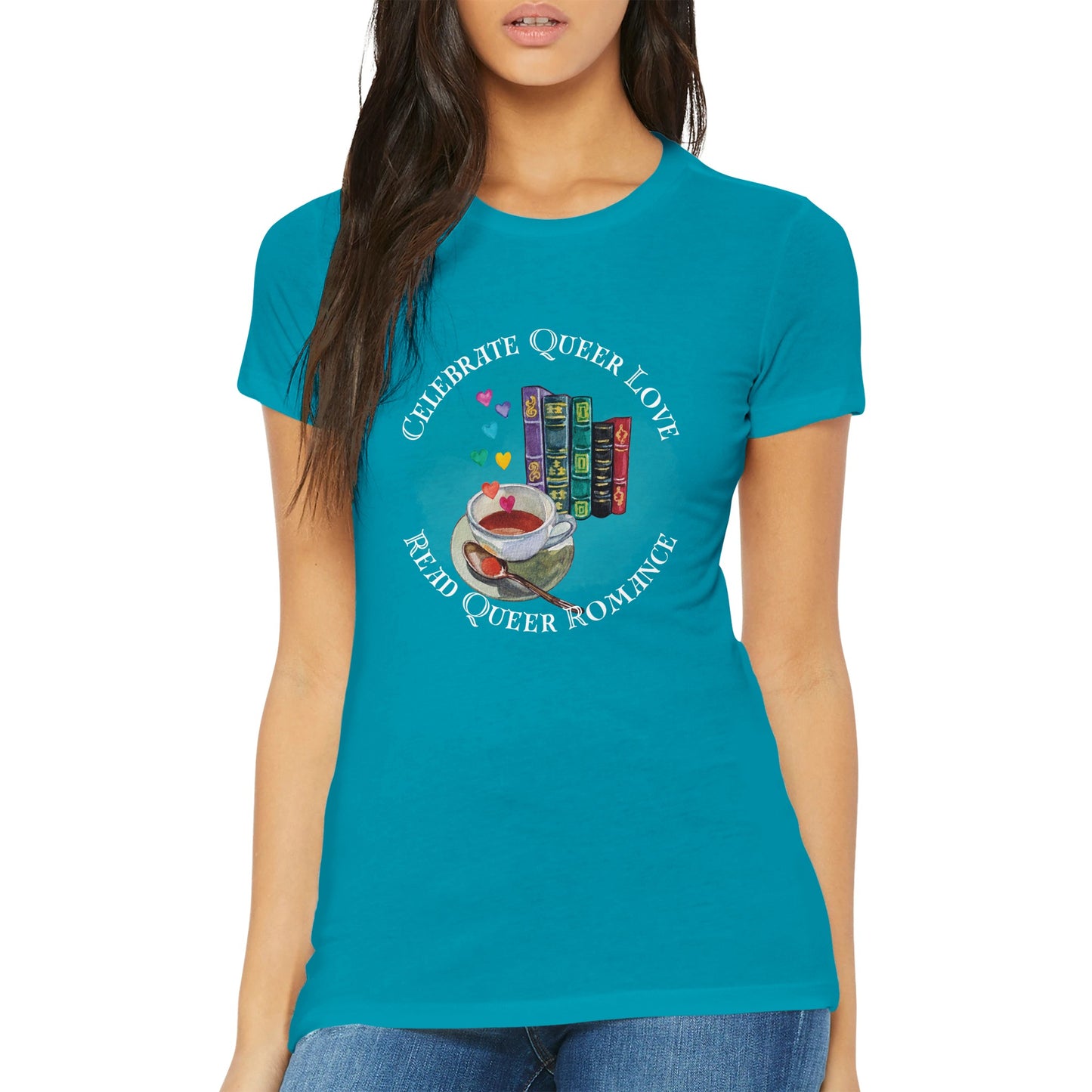 Model wears Teal T-shirt reads “celebrate queer love read queer romance” with image of tea and books. 