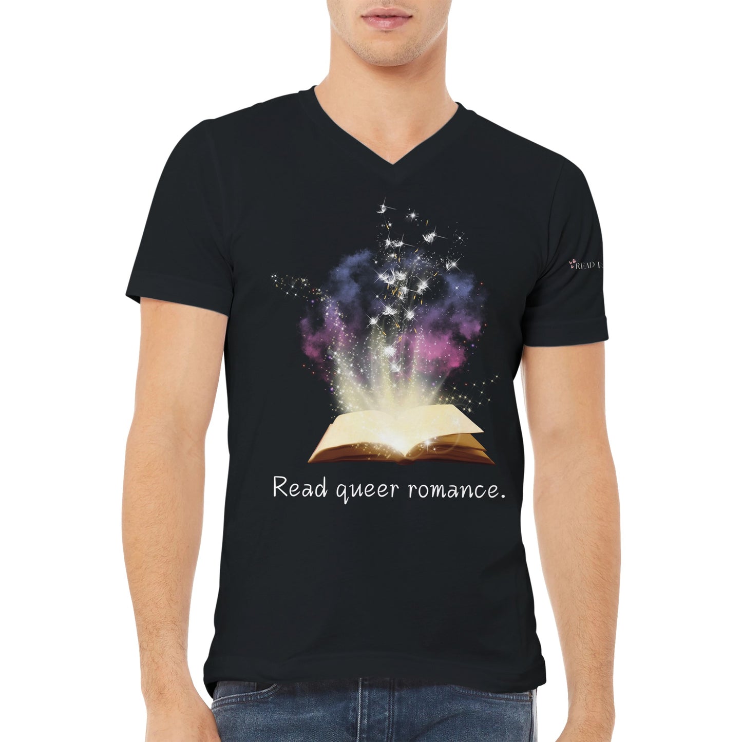 Model wears Black v-neck tshirt with open book magic smoke and text reading “read queer romance”