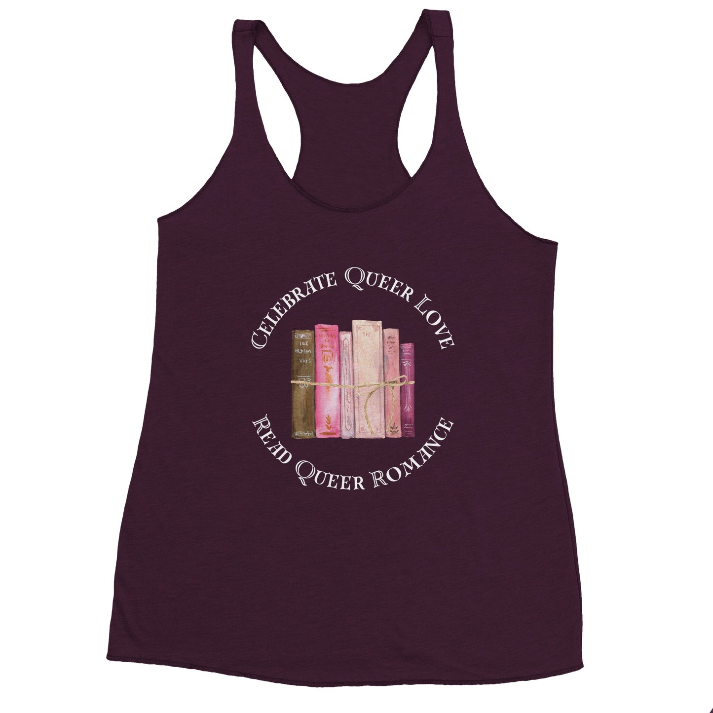 Purple tank top womens read queer romance text in front of disco balls. 